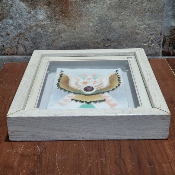 Framed Wall Art Southwest Tribal Eagle Oval Stone Matted Shadow Box Artist Signe - Picture 8 of 11